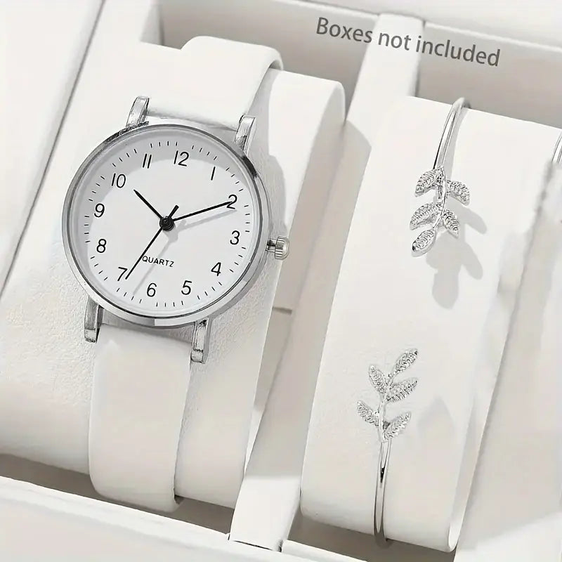 Leather White Quartz Watch / Fashion Leaf